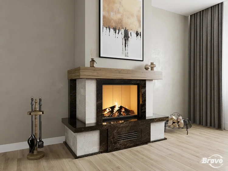 Портал для каміна Bravo Верона Rosso Asiago мармур + плитка Travertine червоний/бежевий кутовий n3